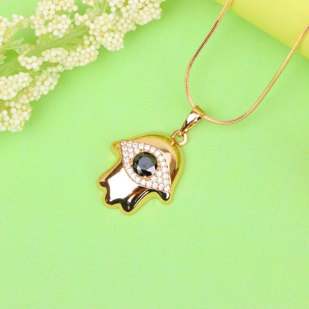 "Black Evil Eye Hamsa Pendant in Gold Plated Brass – Bold  Amulet, XPPT1756 - Picture 13 of 13